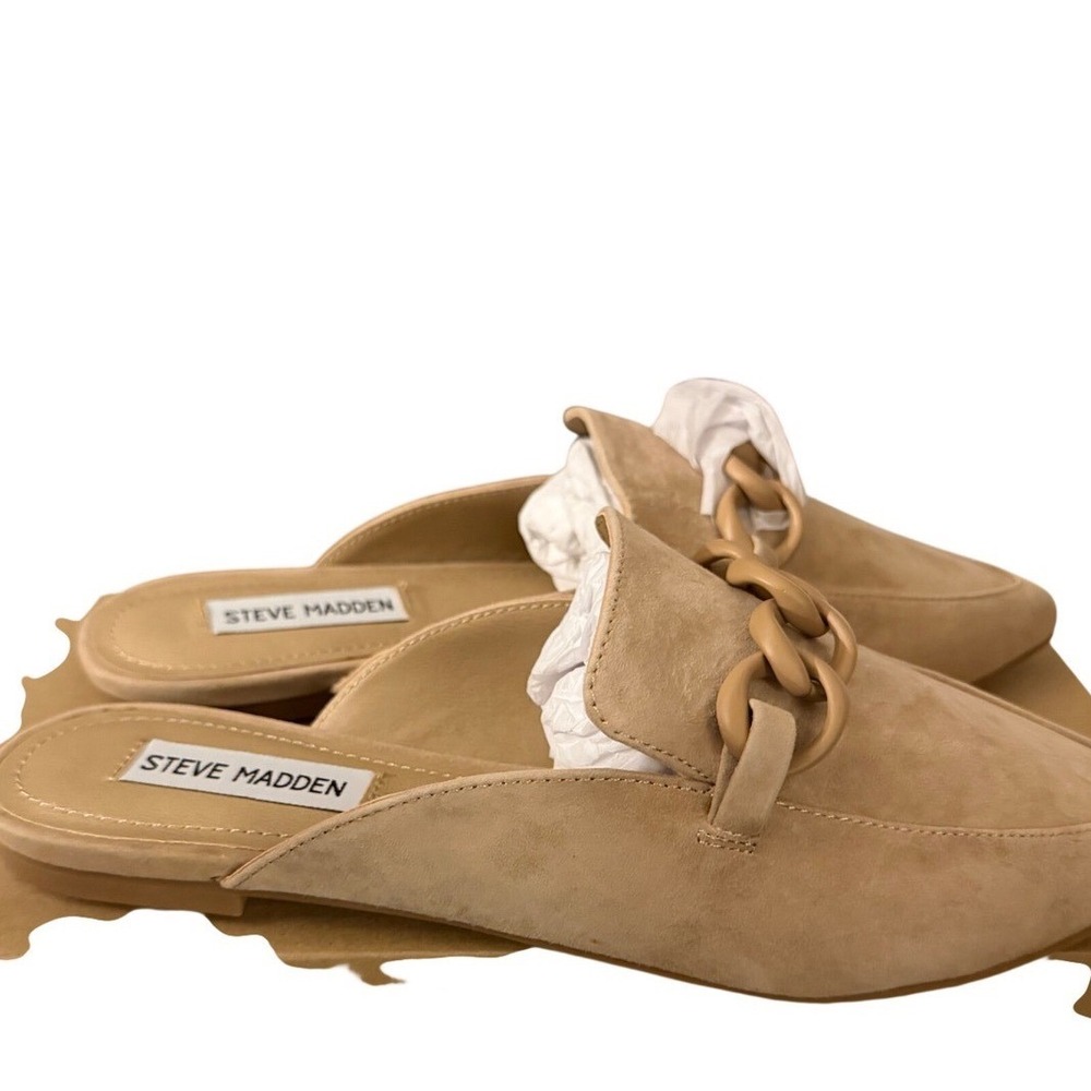 Steve Madden Forte Tan Suede Chain Link Mules Women 8.5 Pointed Toe Flat Loafers - Picture 6 of 11